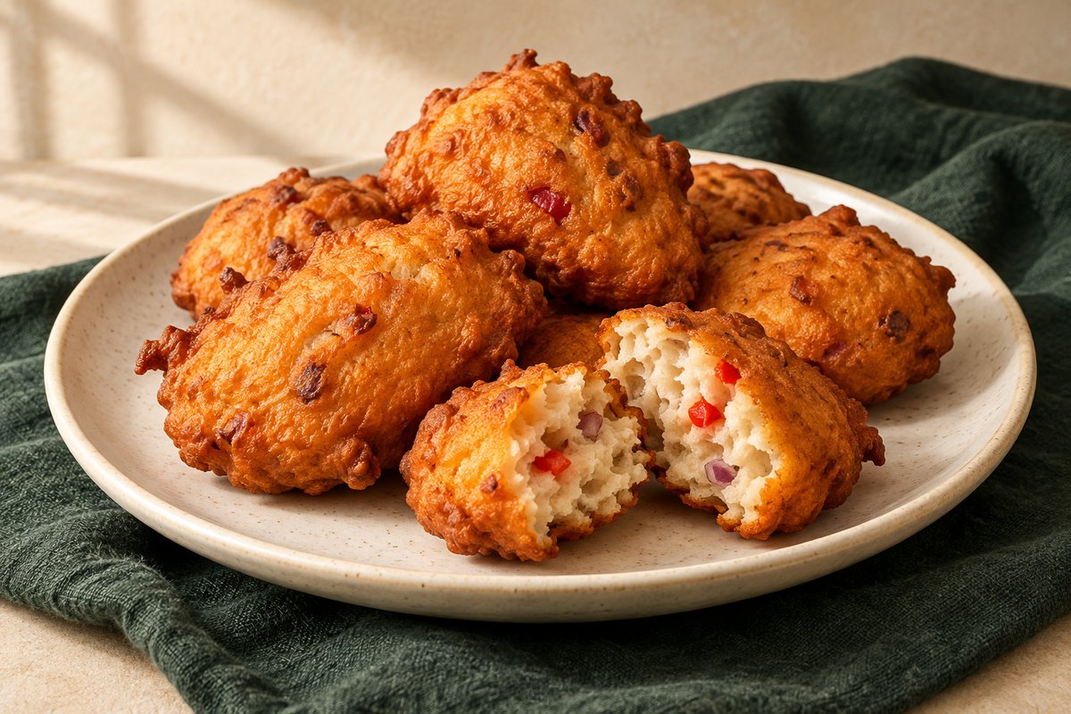 Golden irregular bean fritters, one opened to show its pale center with pepper and onion flecks. AI-generated illustration.