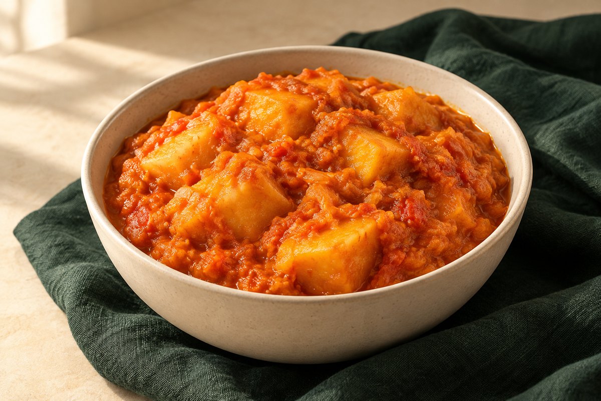Orange yam porridge with partly mashed yam and soft chunks, without optional fish or spinach. AI-generated illustration.