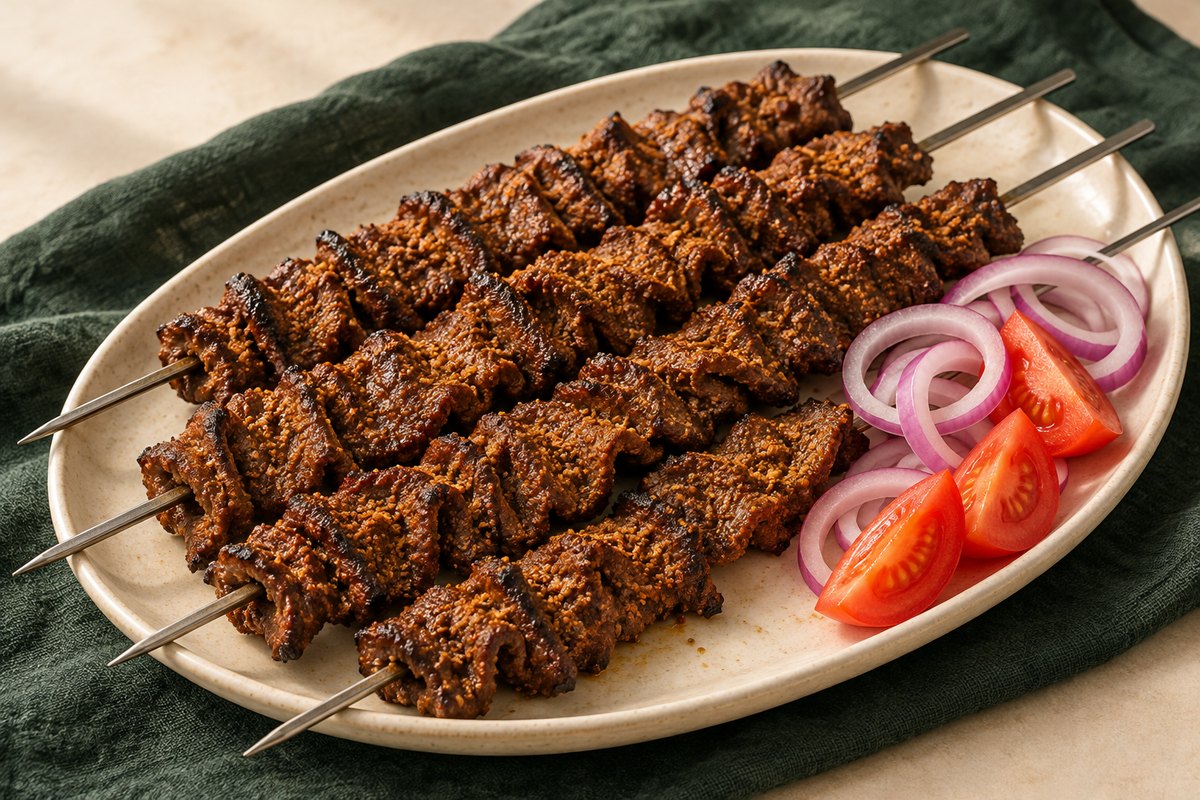 Thin peanut-spiced beef on metal skewers, with optional red onion and tomato. AI-generated illustration.