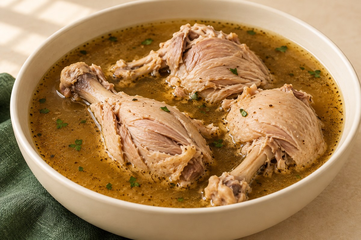 Skinless bone-in cooked chicken with visible meat fibers in light golden-brown broth and scattered herb flecks. AI-generated illustration.
