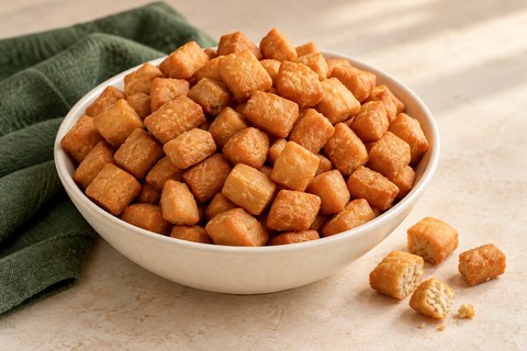 Small plain golden-brown chin-chin dough bites, with a broken piece showing a dense pale crumb. AI-generated illustration.
