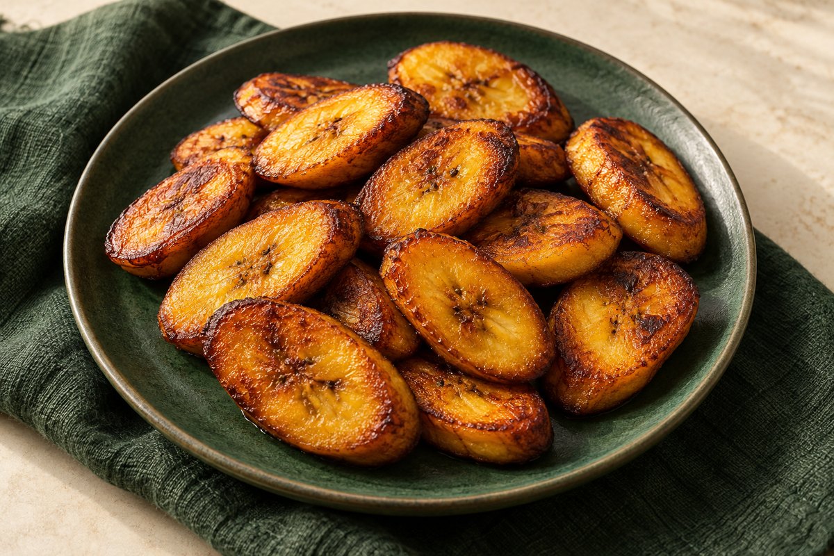 Golden fried ripe plantain slices with dark caramelized patches. AI-generated illustration.