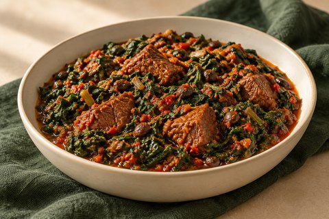 Dark green spinach stew with red pepper sauce, beef pieces and iru. AI-generated illustration.