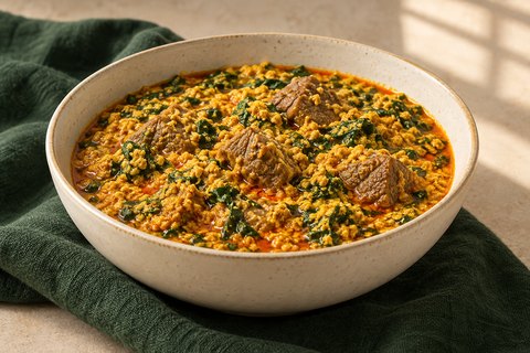 Golden egusi soup with small seed curds, cooked beef pieces and spinach. AI-generated illustration.