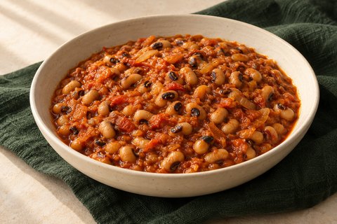 Black-eyed peas in a thick palm-oil, onion and pepper sauce. AI-generated illustration.