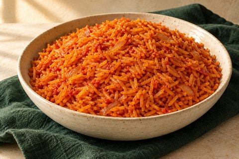 Orange-red long-grain jollof rice in an ivory bowl, without garnish. AI-generated illustration.
