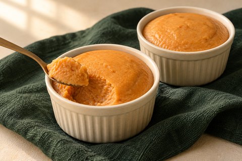 Orange-tan steamed bean pudding in ivory ramekins, with a spoonful showing its soft interior. AI-generated illustration.