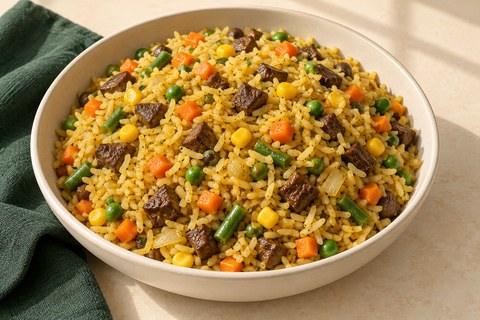 Golden rice with carrots, peas, corn, green beans and small dark beef-liver cubes. AI-generated illustration.