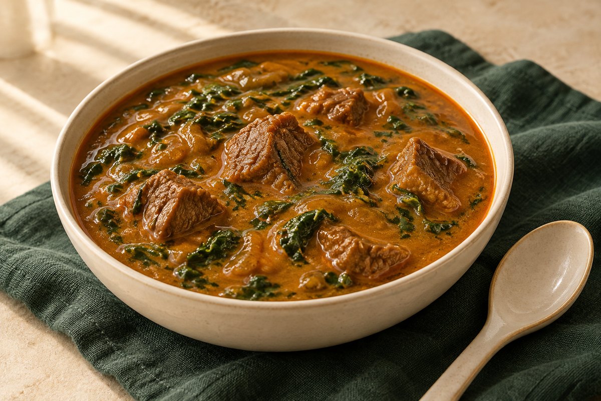 Glossy orange-brown ogbono soup with beef chunks and a little spinach. AI-generated illustration.