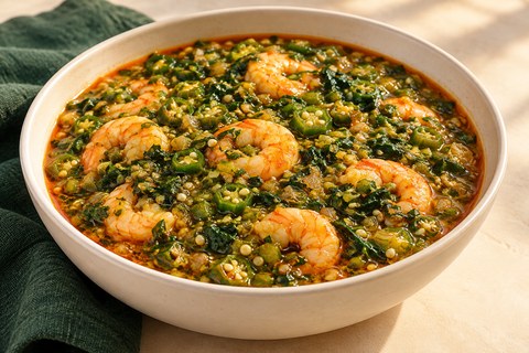 Finely chopped green okra with seeded rounds, cooked shrimp and spinach in a glossy palm-oil-tinted soup. AI-generated illustration.