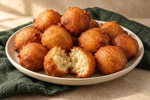 Golden fried yeast-dough balls, one split to show a pale airy center. AI-generated illustration.