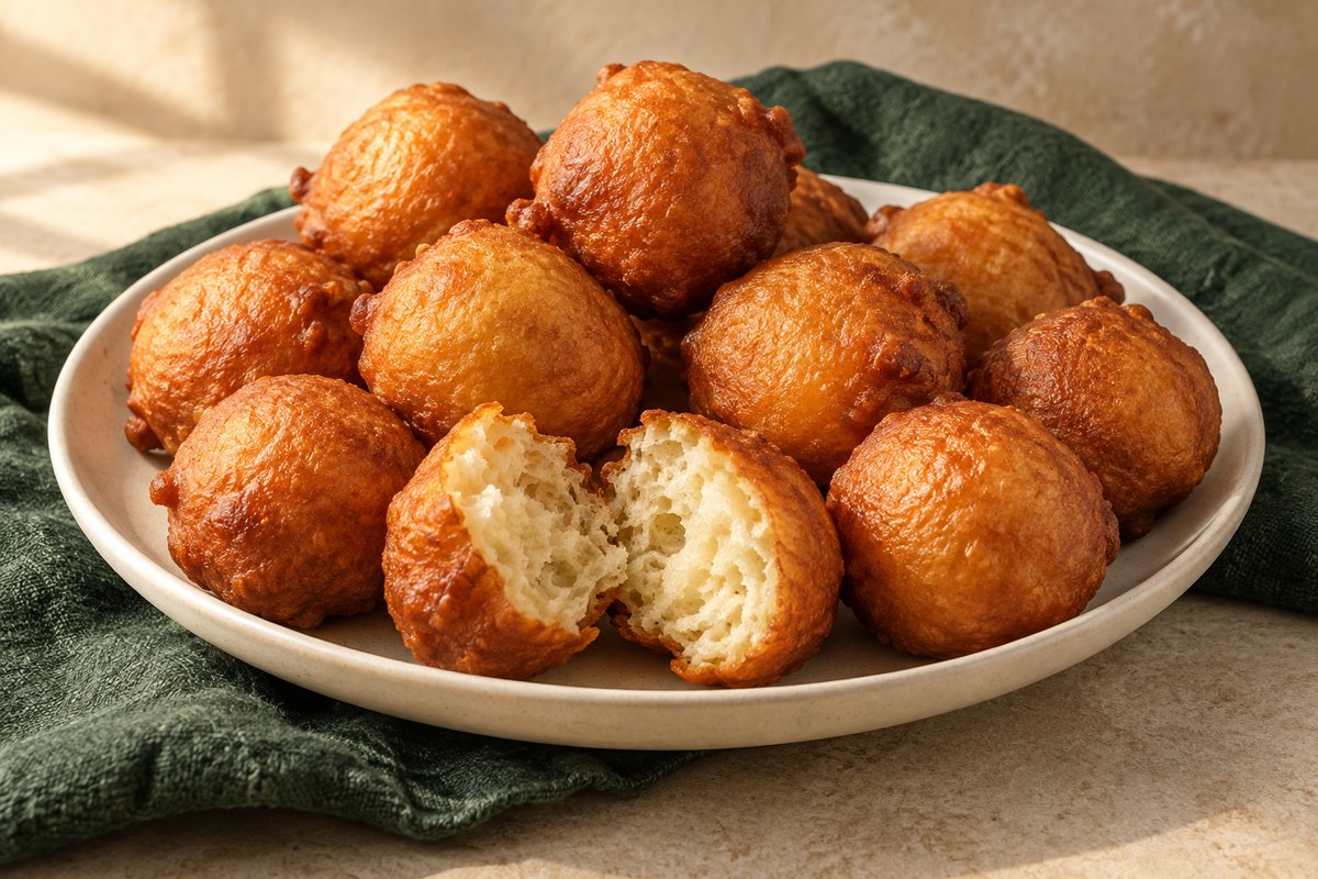Golden fried yeast-dough balls, one split to show a pale airy center. AI-generated illustration.