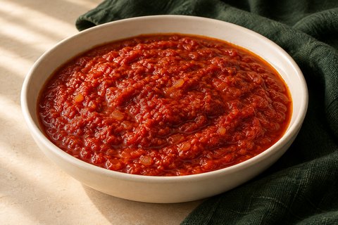 A thick red tomato stew base with onion flecks and a slight oil sheen. AI-generated illustration.